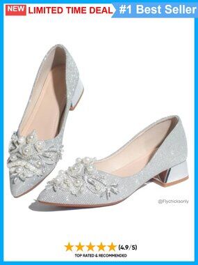 Pointed Toe Low Heel Dress Pumps with Rhinestone Pearl Applique